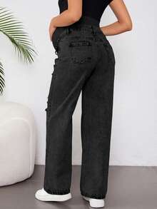 SHEIN 孕妇休闲宽松破洞直筒牛仔裤，蓝色 - 黑色 - 查看 2