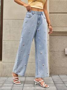Selenza Nuevos jeans de pierna recta holgados con bordado floral diminuto, efecto estilizante para mujeres - Lavado ligero - Ver 5