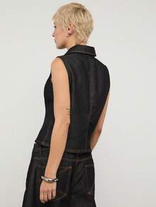 COUREZ 无袖拉链牛仔上衣，水洗效果 / Y2K 夏季女装 黑色上衣 无袖上衣 夏季穿搭 外出穿搭 音乐节穿搭 演唱会穿搭 Y2K 上衣 - 黑色 - 查看 4