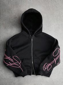 PAVTROS Áo hoodie nam màu trắng, thêu chữ nghệ thuật, khóa kéo kim loại, màu đen. - màu đen - Xem 1