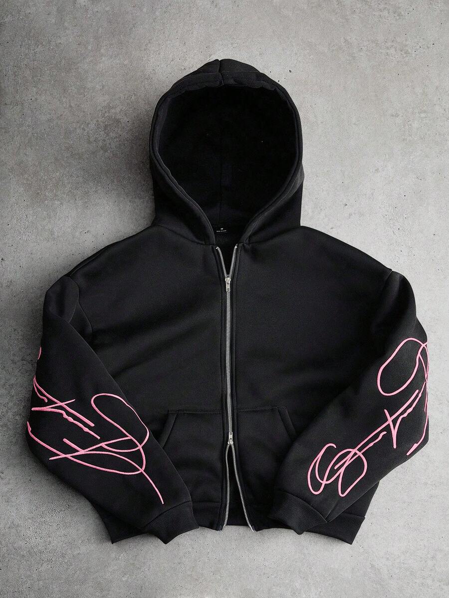 PAVTROS Áo hoodie nam màu trắng, thêu chữ nghệ thuật, khóa kéo kim loại, màu đen. - màu đen - Xem 1