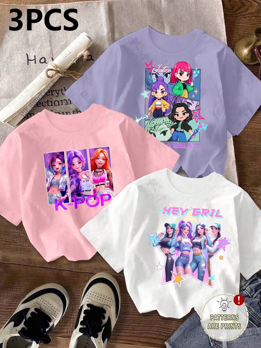 Set de 3 camisetas básicas de manga corta con estampados gráficos de símbolos de música, corazones y letras de un grupo virtual de chicas, en colores negro/rosa/morado, cómodas para uso diario, adecuadas para primavera, verano y otoño - Multicolor - Ver 1