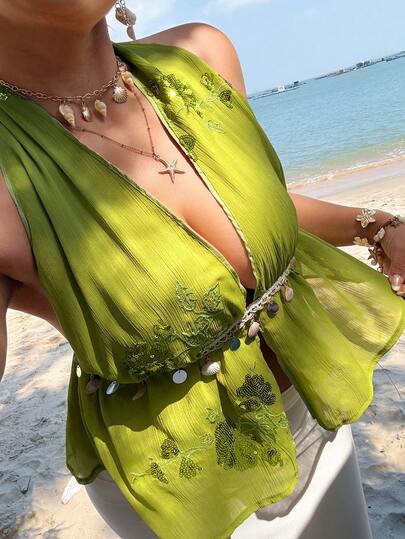 Sunnyshic Plus Size Women's New Vacation Sunshine Beach Bathing Music Festival Vacation Girlfriend Dinner Sequins Fabric Versatile Adjustable Strap Decorative Chain High-End Non-Stretch Sleeveless Top