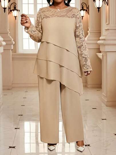 SHEIN Lady 大码女式纯色蕾丝圆领长袖上衣和裤子两件套，简约休闲