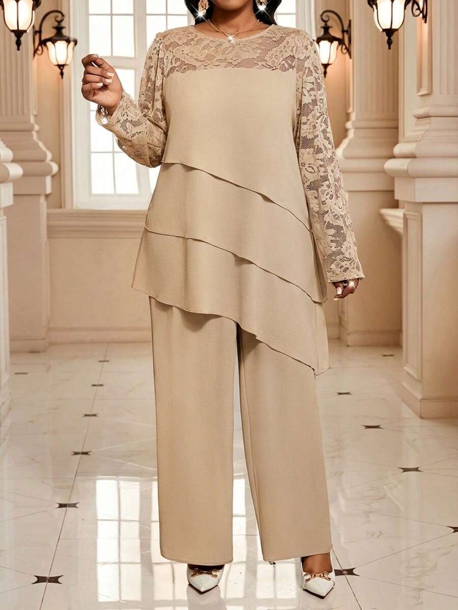 SHEIN Lady 大码女式纯色蕾丝圆领长袖上衣和裤子两件套,简约休闲 - 卡其色 - 查看 1