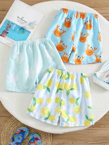 SHEIN Bộ đồ bơi 3 món cho bé trai, in hình chanh, cua và rùa dễ thương, thích hợp cho bãi biển, kỳ nghỉ và lướt sóng. - Nhiều màu - Xem 3