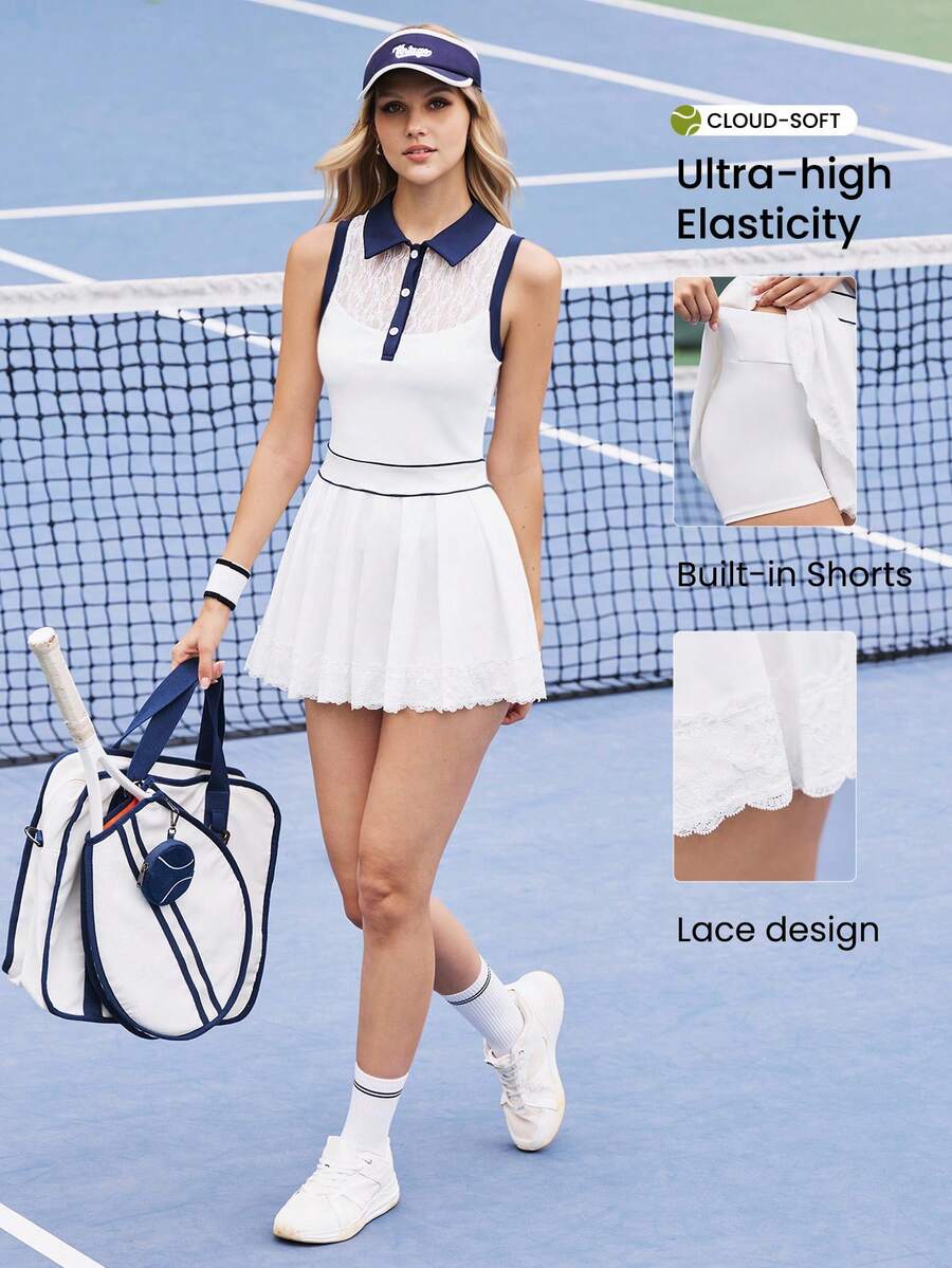 CourtClass Women's Sports Contrast Lace Dress - Blue and White - View 1