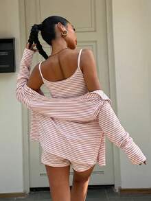 Muchica Light Pink Striped Knit 2 Pieces Set For Women - Baby Pink - View 2