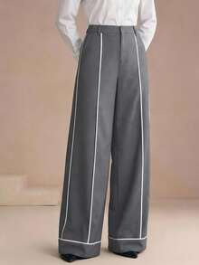 Anewsta Pantalones de mujer de moda casual de primavera a rayas en gris - Gris - Ver 5