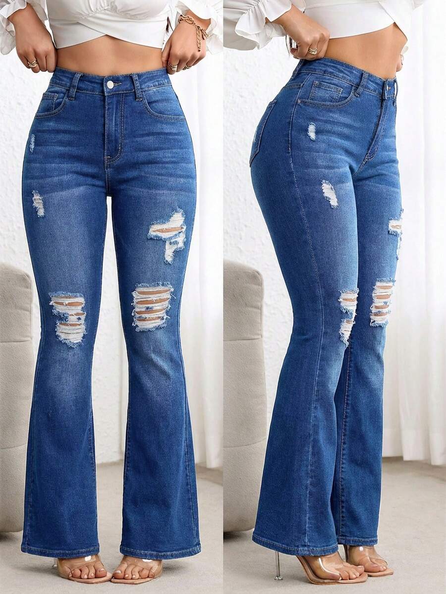 Flexra Women's Casual Distressed Flare Leg Jeans - Blue - View 1