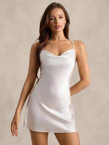 French Elegant Women Contrast Lace Slip Dress - White - View 3