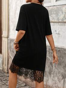 SHEIN 孕妇度假休闲纯色蕾丝拼接连衣裙 - 黑色 - 查看 6