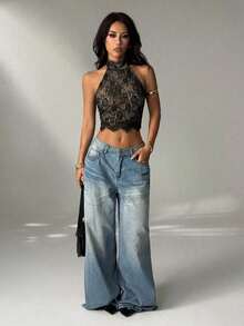 SHEIN PETITE 女士蕾丝吊带露背性感黑色吊带衫 - 黑色 - 查看 6