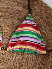 Swim Mod 2pcs/Set Women's Summer Beach Vacation Swimsuit, Cute Random Floral & Stripe Print Triangle Top With Tie And Bikini Bottom, Ladies Swimwear Set - Multicolor - View 5