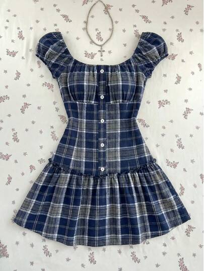 Elamini Women's Navy Blue Plaid Square Neck Short Sleeve Mini Dress, Collegiate Style, Versatile Casual Wear