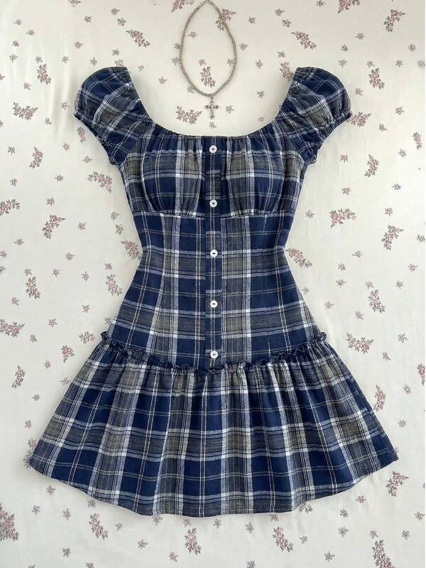 Elamini Women's Navy Blue Plaid Square Neck Short Sleeve Mini Dress, Collegiate Style, Versatile Casual Wear Womans Dress Picnic Dress For Ladies Preppy Dress