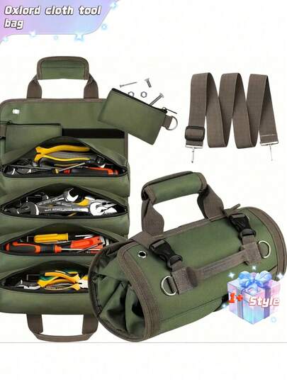 1 pieza Bolsa de herramientas enrollable de CILANO resistente al agua - Tela Oxford impermeable para mecánicos, electricistas, carpinteros y talla grande - Equipo industrial duradero, portátil y elegante con múltiples compartimentos, almacenamiento de herramienta