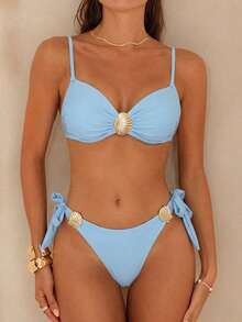 Bonvoyette Women's Shell Decor Metal Triangle Bikini Two Pieces Set, Elegant Sexy Beach Party Holiday Style Swimwear - Baby Blue - View 4