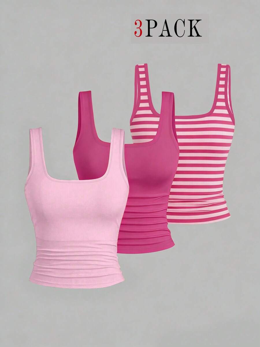 EMERY ROSE Set de 3 piezas de chaleco sin mangas de talla grande para mujer con unicolor y estampado completo, para verano - Multicolor - Ver 1