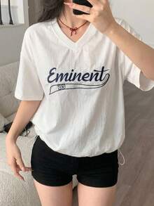 DAZY Women's V-Neck Letter Embroidered Casual Short Sleeve T-Shirt Summer - White - View 3