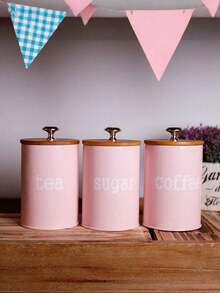 3pcs/Set Storage Tanks Dust-Proof Bamboo Cover Utensils Multifunction Box Tea Coffee Sugar Box Case Househould Can Bottle Mason Candle Jars With Lid Pink Tea Accessories Coffee Accessories Kitchen Stuff,Kitchen,Christmas Gift - one size fits all - View 4