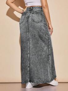 Rivivi Chân váy denim dáng chữ A siêu dài dành cho nữ - Xám - Xem 2