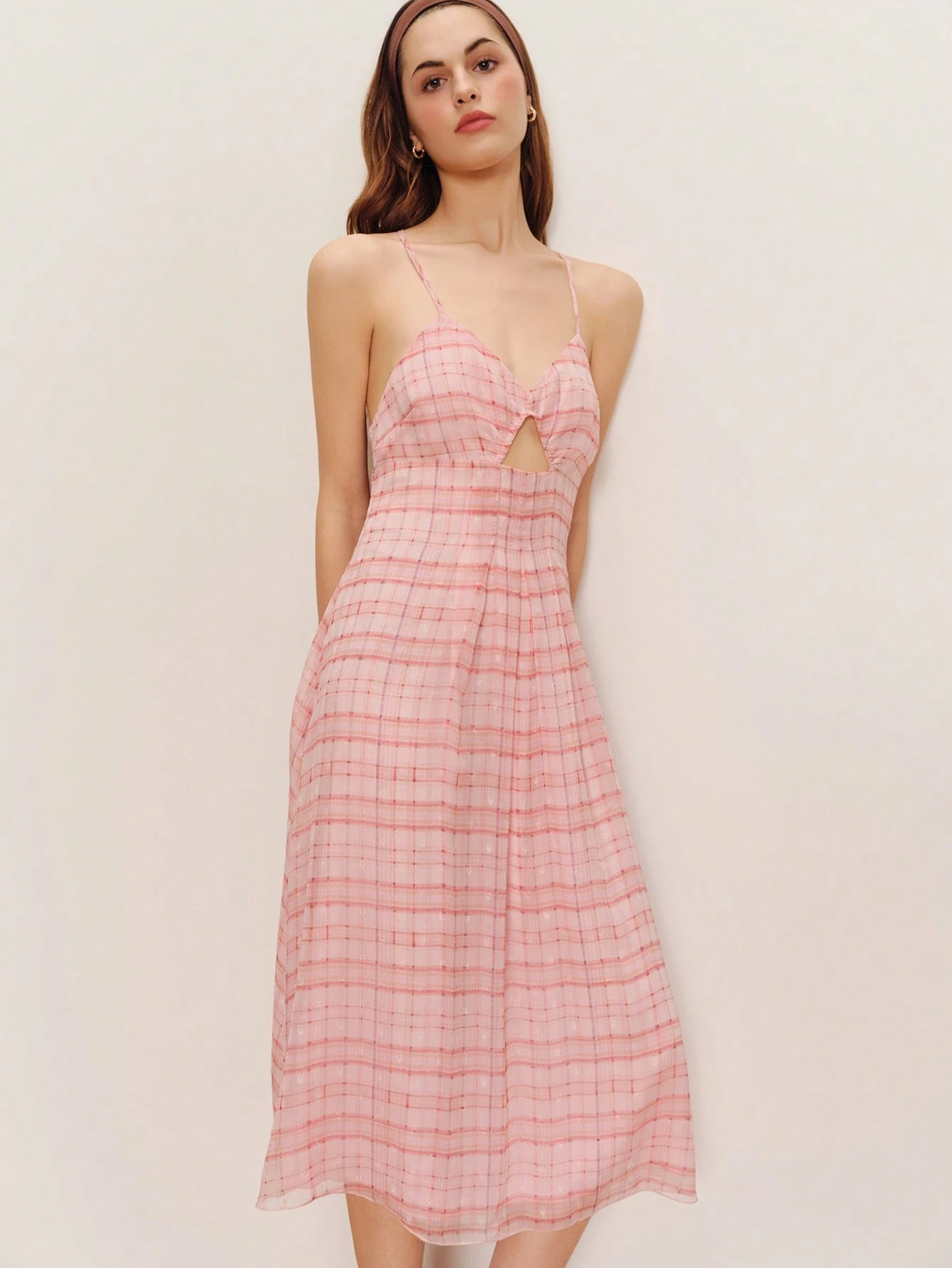 Pink Fitted Checked Midi Dress Crossed Back Straps, Cut Out Front Detail Cute Romantic Dress Spring Summer Holiday Dress Summer Dress French Style Parisian Style