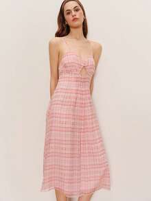 lacRébo 修身格纹中长连衣裙，交叉露背肩带，正面镂空设计，甜美浪漫，春夏款 - 粉色 - 查看 4