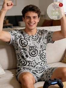 男童星星笑脸印花短袖修身睡衣套装，2件套，夏季 - 灰色 - 查看 1