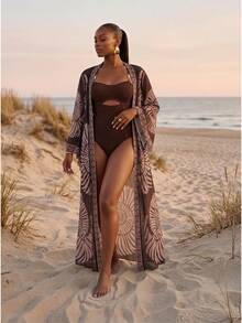 Zivah Áo khoác dài kiểu kimono bằng chiffon mỏng in họa tiết, thích hợp cho kỳ nghỉ hè, đi biển, dành cho nữ năm 2026. - màu nâu - Xem 3