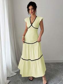 Rafferiza Đầm dáng chữ A, cổ chữ V, tay ngắn xếp bèo, viền tương phản, chất liệu vải dệt họa tiết, màu mơ, dành cho nữ, mùa xuân/hè. - Màu vàng - Xem 3