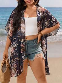 EMERY ROSE Fashionable Casual Vacation Floral Print Chiffon Lightweight Cardigan Sunscreen Shirt - Navy Blue - View 5