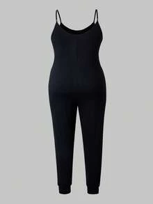 Maweii Bộ áo liền quần màu trơn thông thường mùa hè cỡ lớn có quai và còng ở mắt cá chân - màu đen - Xem 2