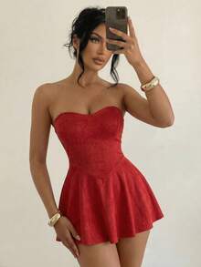 Sirith Vestido corto sin tirantes de unicolor para la ropa de Año Nuevo para mujeres - Rojo - Ver 3