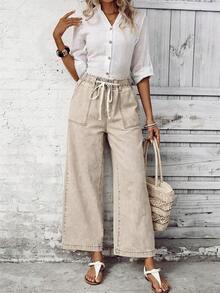 EMERY ROSE Women's Casual Everyday Commute Drawstring Waist Slant Pocket Loose Wide-Leg Jeans - Beige - View 4