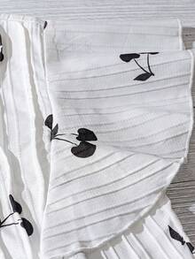 SHEIN Clasi 女士樱桃印花褶皱领H字型休闲日常度假短袖衬衫 - 黑與白 - 查看 4