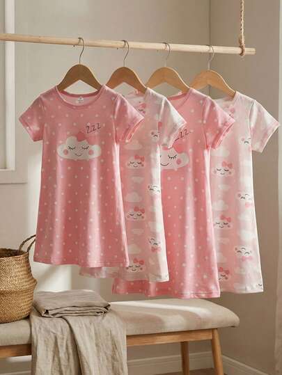 2件套女婴卡通可爱绵羊印花短袖长款睡衣家居服，春夏款