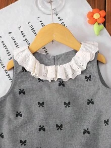 SHEIN 女童荷葉邊圓領蝴蝶結圖案背心與長褲休閒套裝 - 灰色 - 查看 3