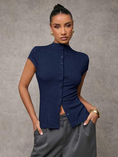 SHEIN BAE Women's Fall Women Outfits Solid Color Mock Neck Top Capped Sleeve Single-Breasted Casual Women Tops,Button Up Women Jersey Shirt, Fleece Sweater Top,Winter Clothes,,Summer Top