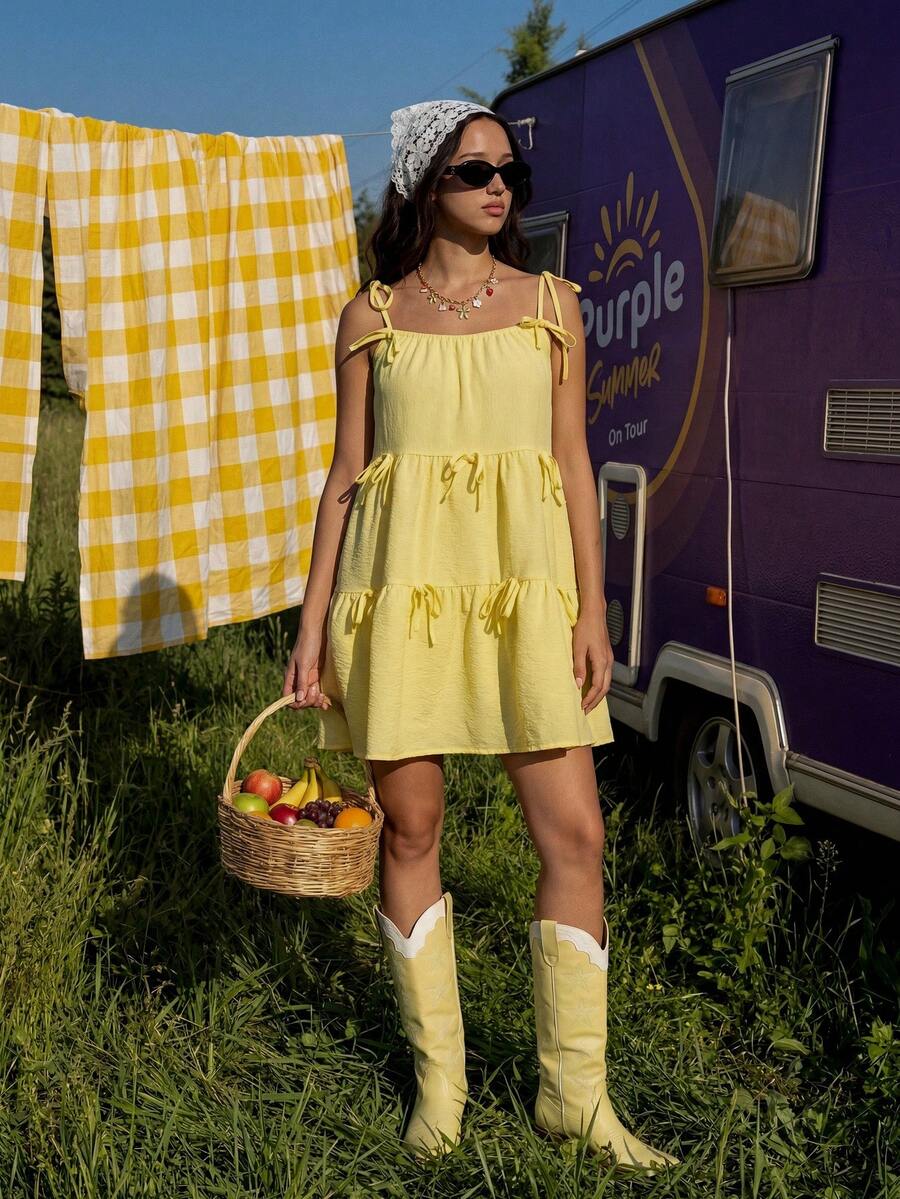 MainGRL Sweet Cute Yellow Tiered Spaghetti Strap Mini Dress With Bowknot Details, Boho Easter Vacation Summer Outfit For Women Ruffle Vacation Festival Outfits Women Dress Easter Dress Women,Summer Dresses For Women - Yellow - View 1