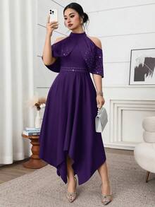 Modelyn Plus Size Elegant Rhinestone Embellished Cold-Shoulder Halter Dress, Summer - Purple - View 3
