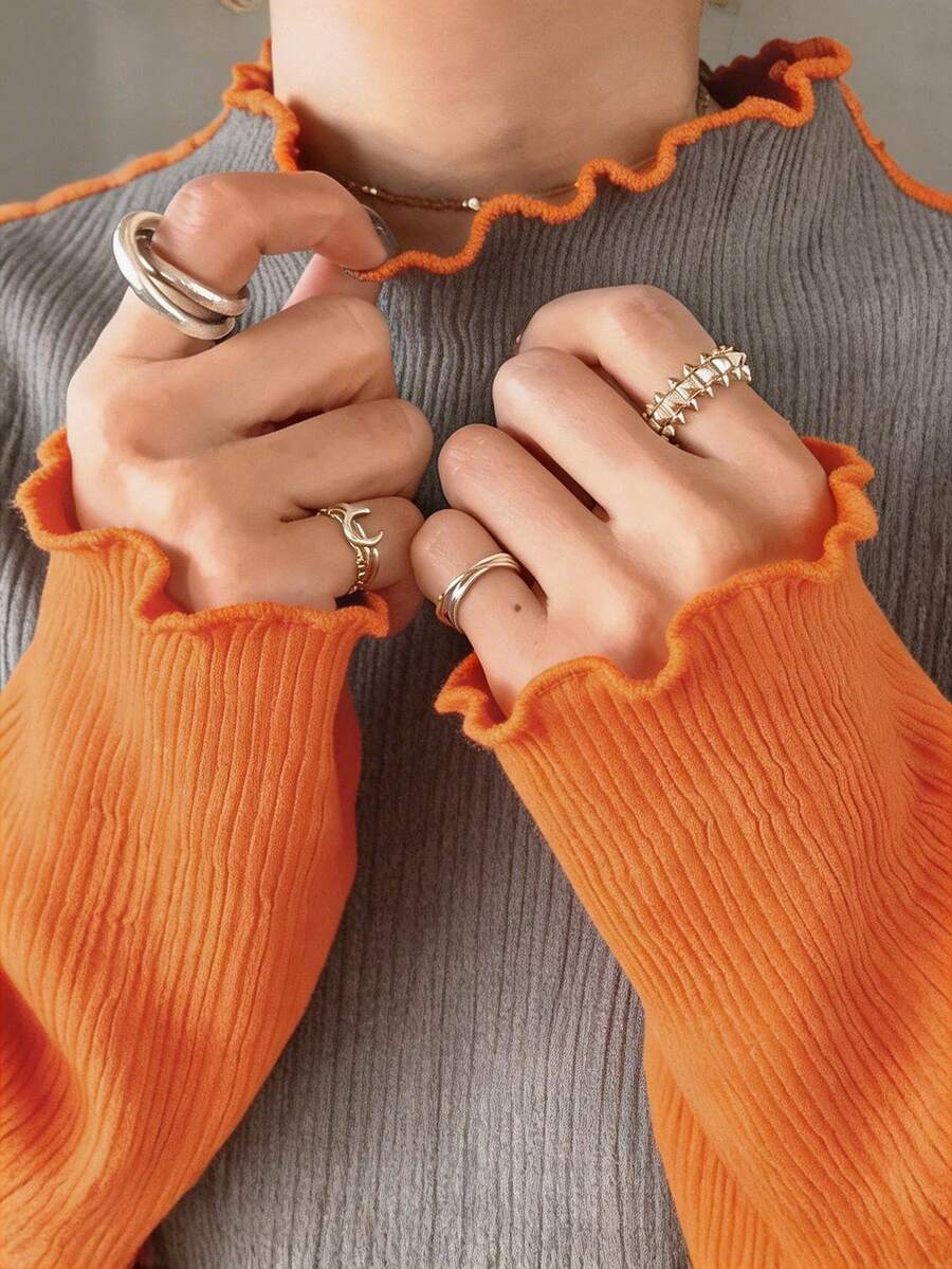 FRIFUL Kaos Pullover Wanita Lengan Panjang Kerah Tinggi dengan Manset Pas, Blok Warna, dan Hiasan Hem Bergelombang - Grey - View 1