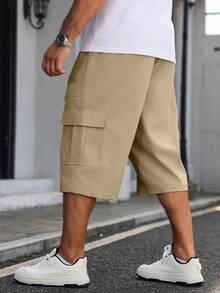 Manfinity Homme Quần lửng dáng rộng, màu trơn, có dây rút, dành cho nam giới cỡ lớn, thích hợp cho mùa xuân/hè. - Màu Khaki - Xem 2