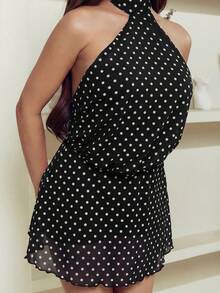 Criza Taa Vestido de fiesta elegante de mujer con estampado de lunares y espalda descubierta - Negro - Ver 3