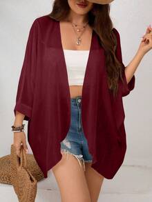 SHEIN Clasi Plus Size Women Solid Color Casual Loose Long Sleeve Jacket - Burgundy - View 6