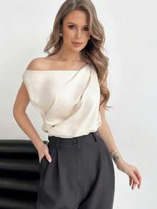 Aloruh Asymmetrical Collar Pleated Sleeveless Women's Blouse, Elegant Chic For Commute And Office Wear - Champagne - View 7