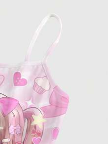 ROMWE Anime 可爱动漫风少女心形标语印花全幅迷你连衣裙（女款） - 粉色 - 查看 3