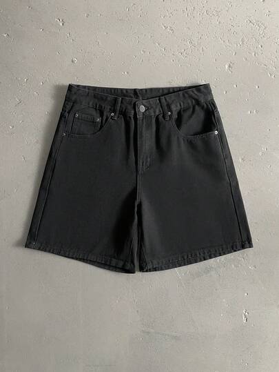 EGENSIO 男款實色牛仔短褲，帶斜口袋寬鬆直筒款，純黑色