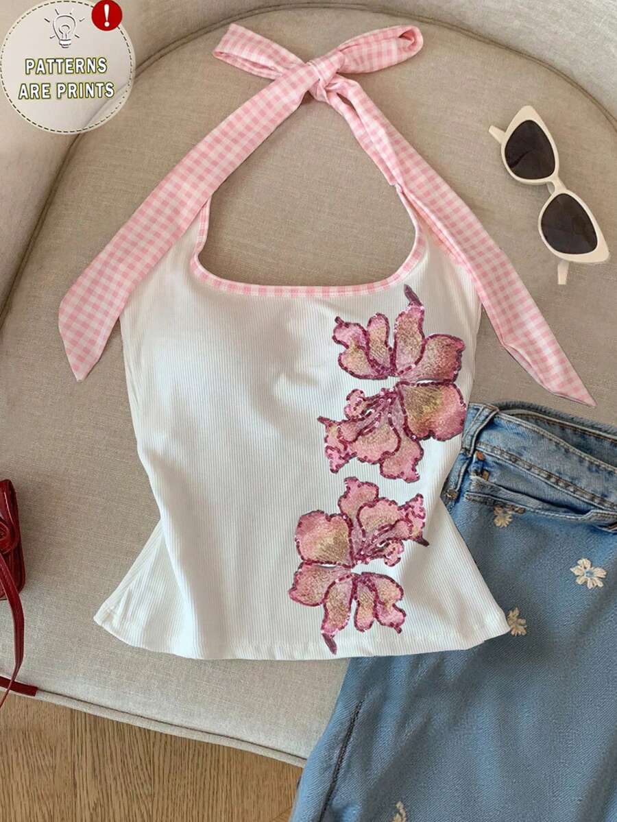 Resyla Áo nữ cổ yếm họa tiết hoa đính sequin kiểu dáng thường ngày - Nhiều màu - Xem 1