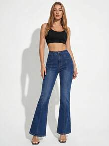 DAZY Women's Casual Fashion Seam Front Washed Slim Flare Leg Jeans - Blue - View 6